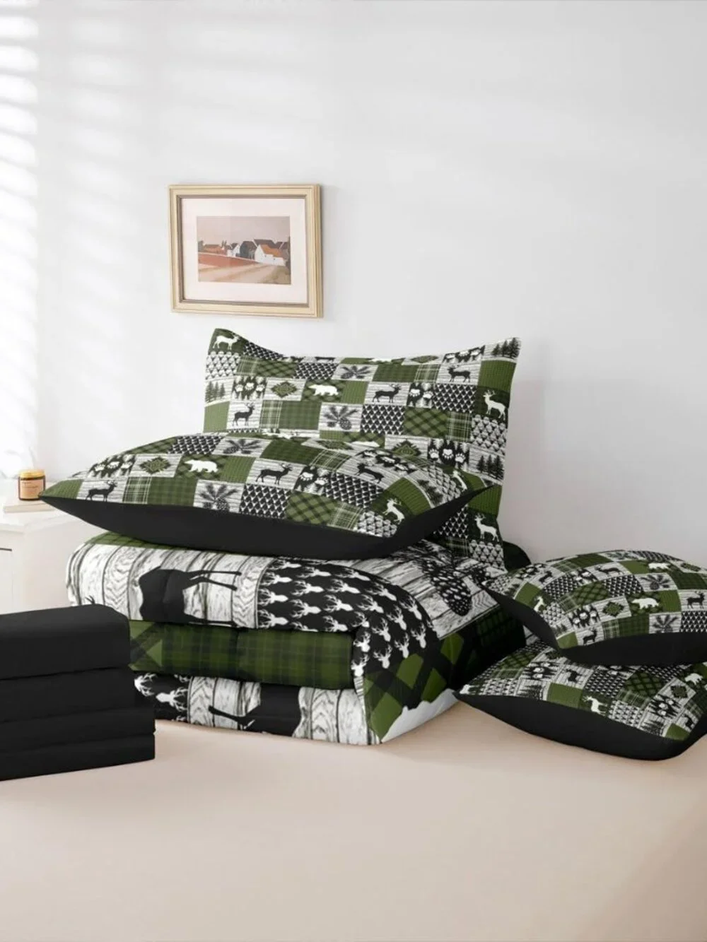 Lodge Plaid Comforter Set King Size 7 Pieces Bear Deer Bedding Set for Kids Boys